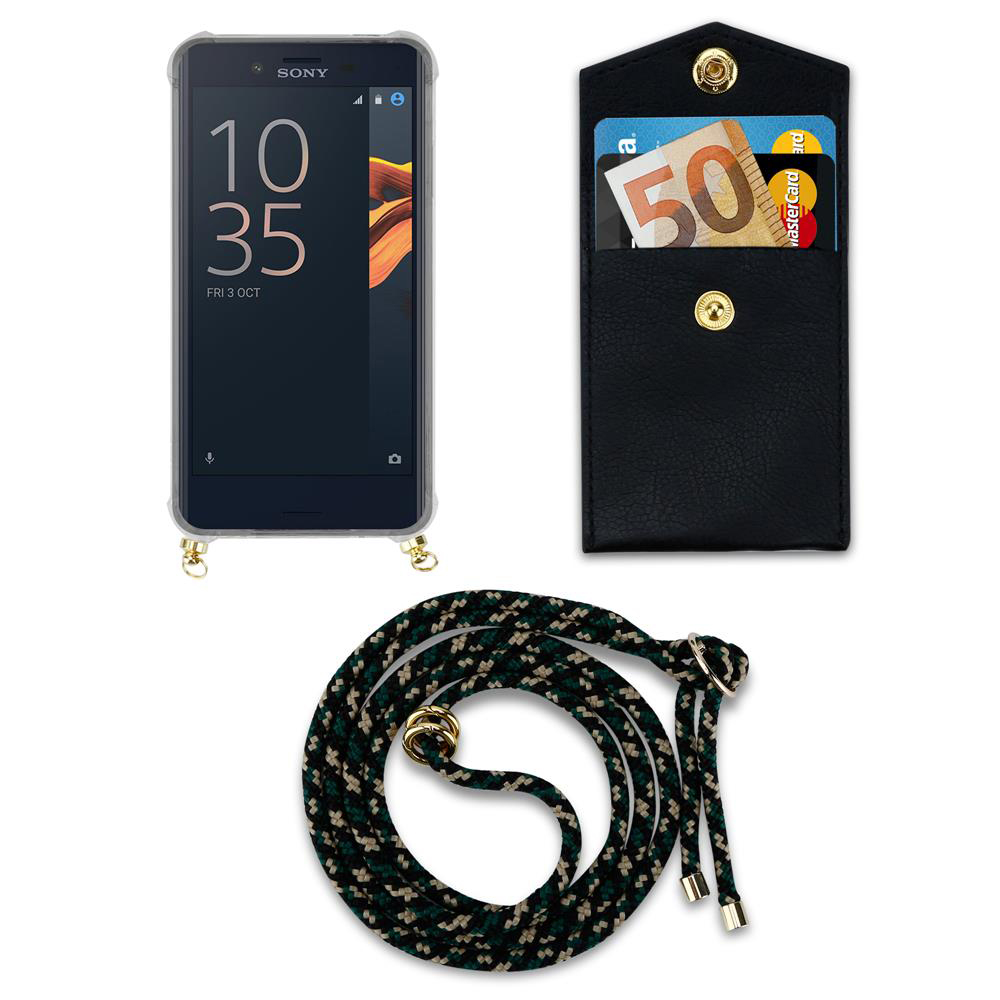 Un smartphone con funda transparente, un tarjetero negro con dinero y tarjetas y un cordón.