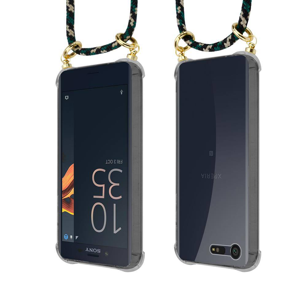 Dos lados de un prototipo de funda de móvil transparente con cordón.