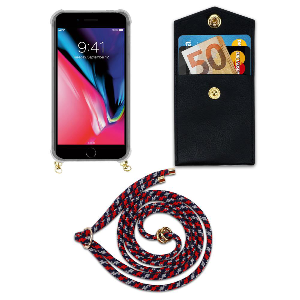 Uno smartphone in custodia, un portafoglio nero con carte e contanti, e un laccio.