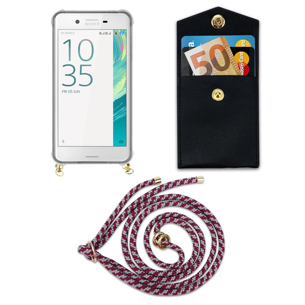 Smartphone mit Hülle, Tasche mit Geld und Karten, und Umhängeband auf weißem Grund.