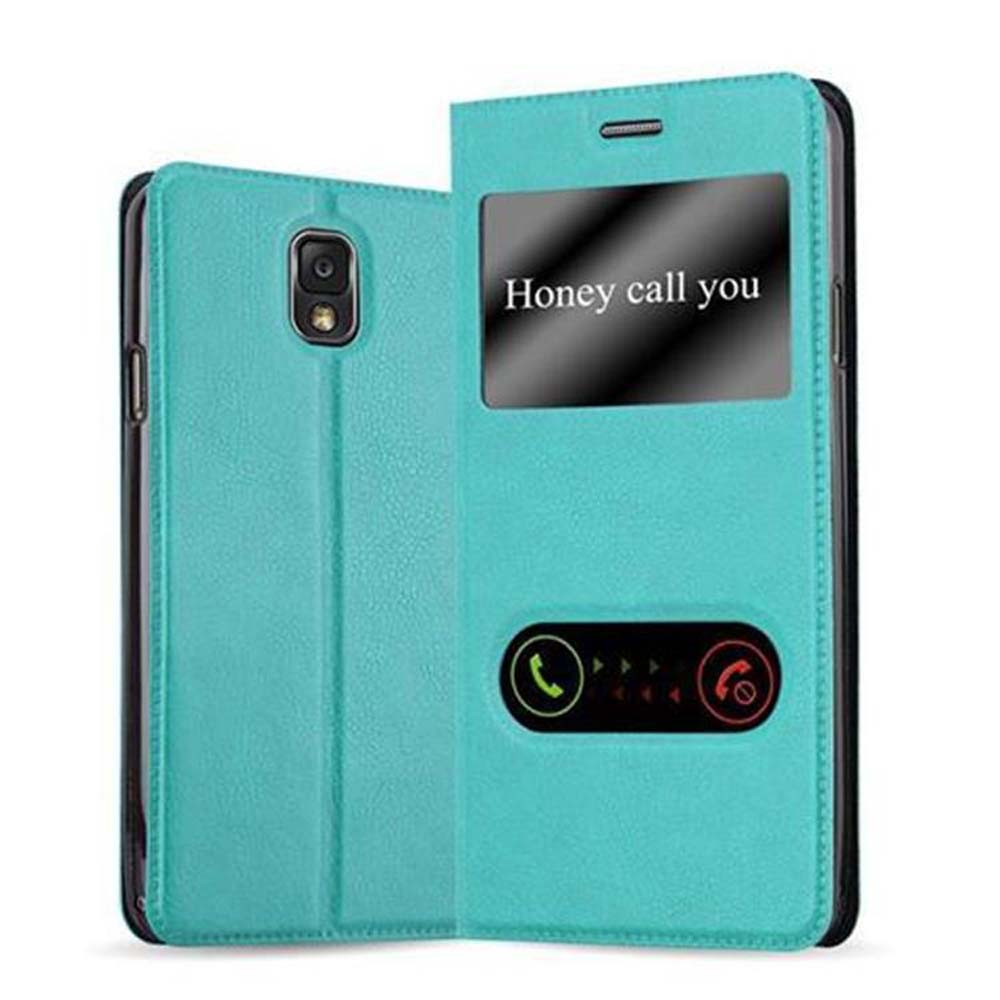 Funda turquesa para teléfono con ventana. Muestra "Honey call you" e iconos.