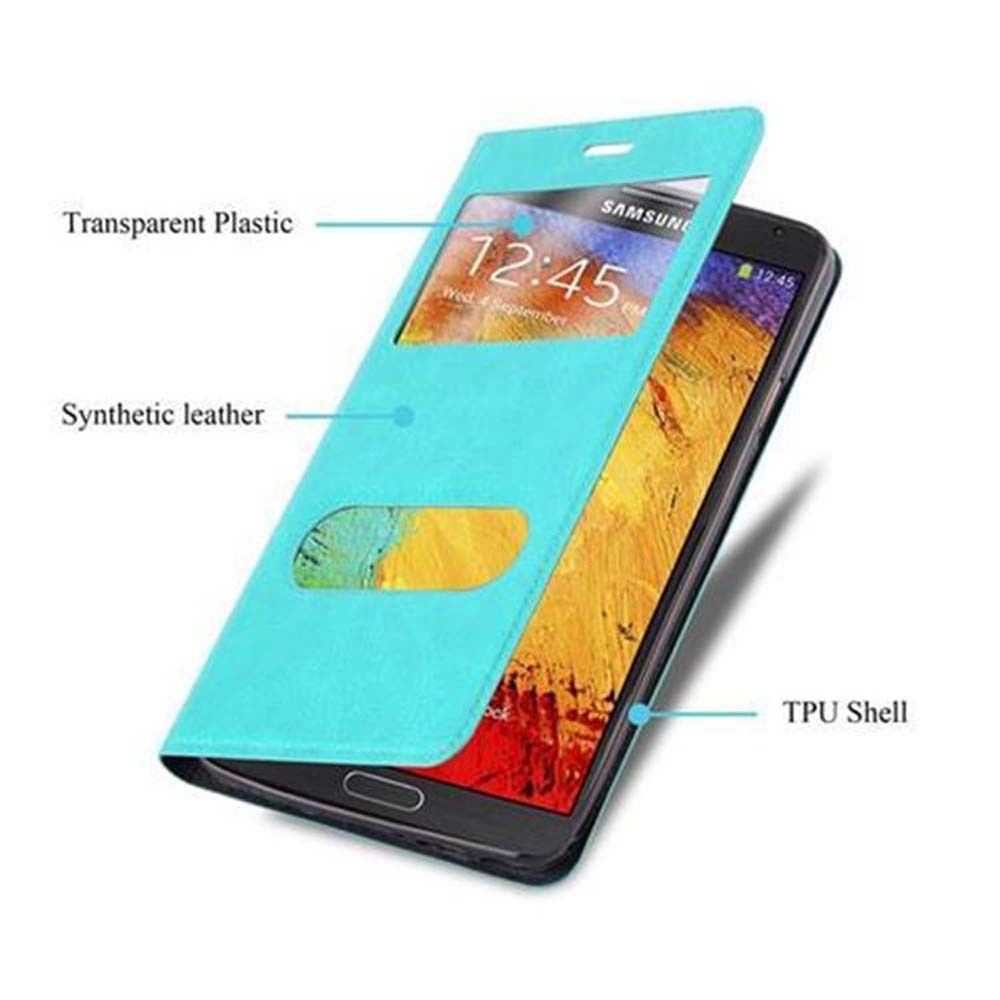 Funda de teléfono turquesa con ventana transparente para Samsung.