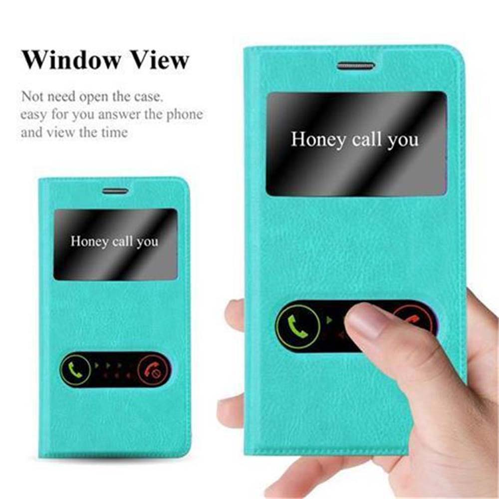 Funda turquesa para teléfono con ventana, muestra 'Honey call you'.