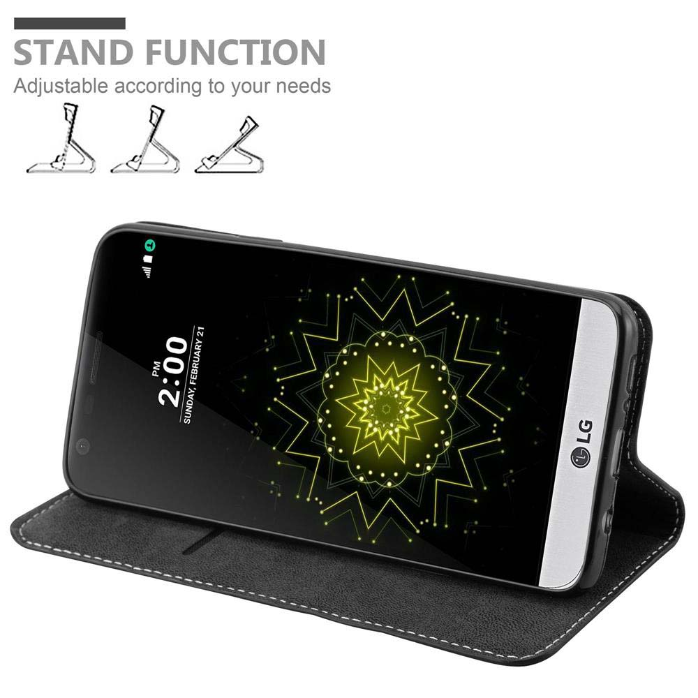 LG Smartphone in einer schwarzen Hülle, die als Ständer dient.