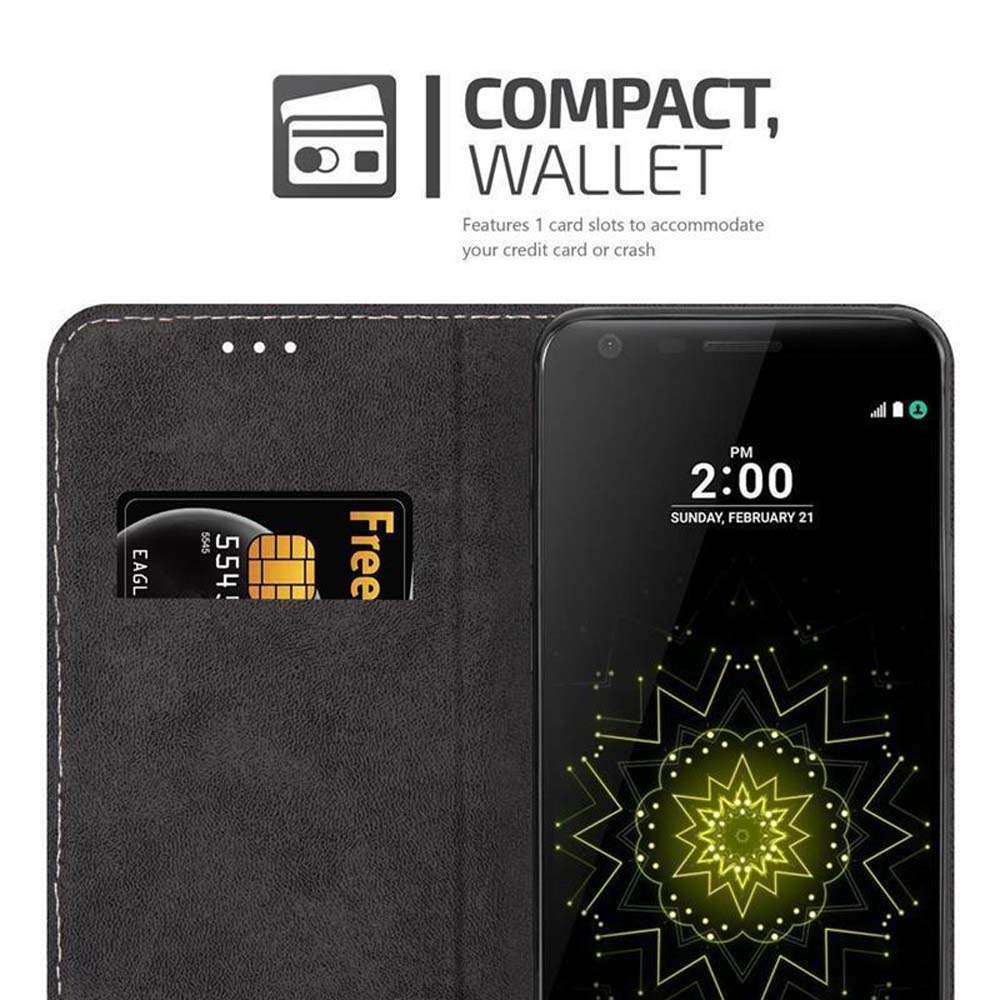 Schwarzes Wallet-Etui mit einem Handy, das 14:00 Uhr anzeigt. Eine Karte ist sichtbar.