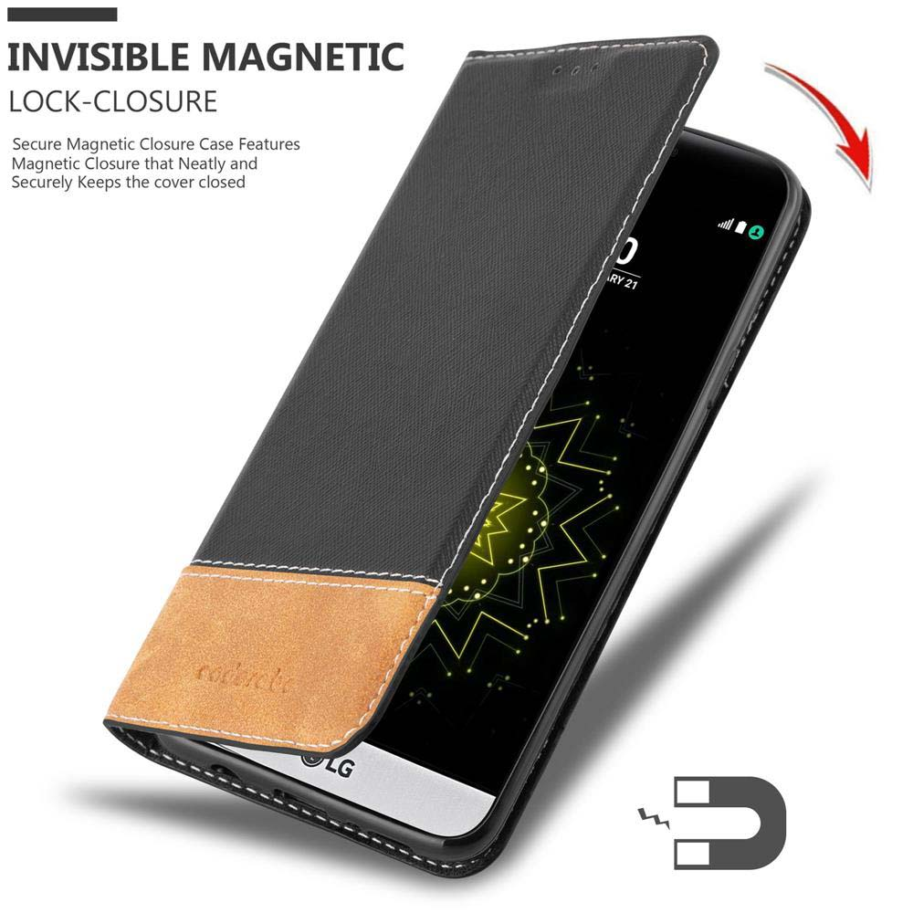 Schwarze Hülle mit braunem Akzent für LG-Telefon mit Magnetverschluss.