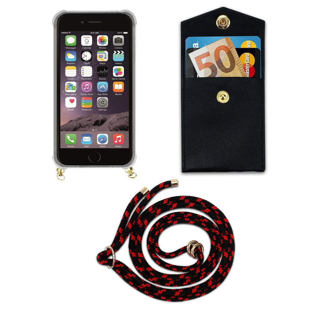 Una custodia nera con banconota da 50 euro e carte, accanto a uno smartphone e un cordone.