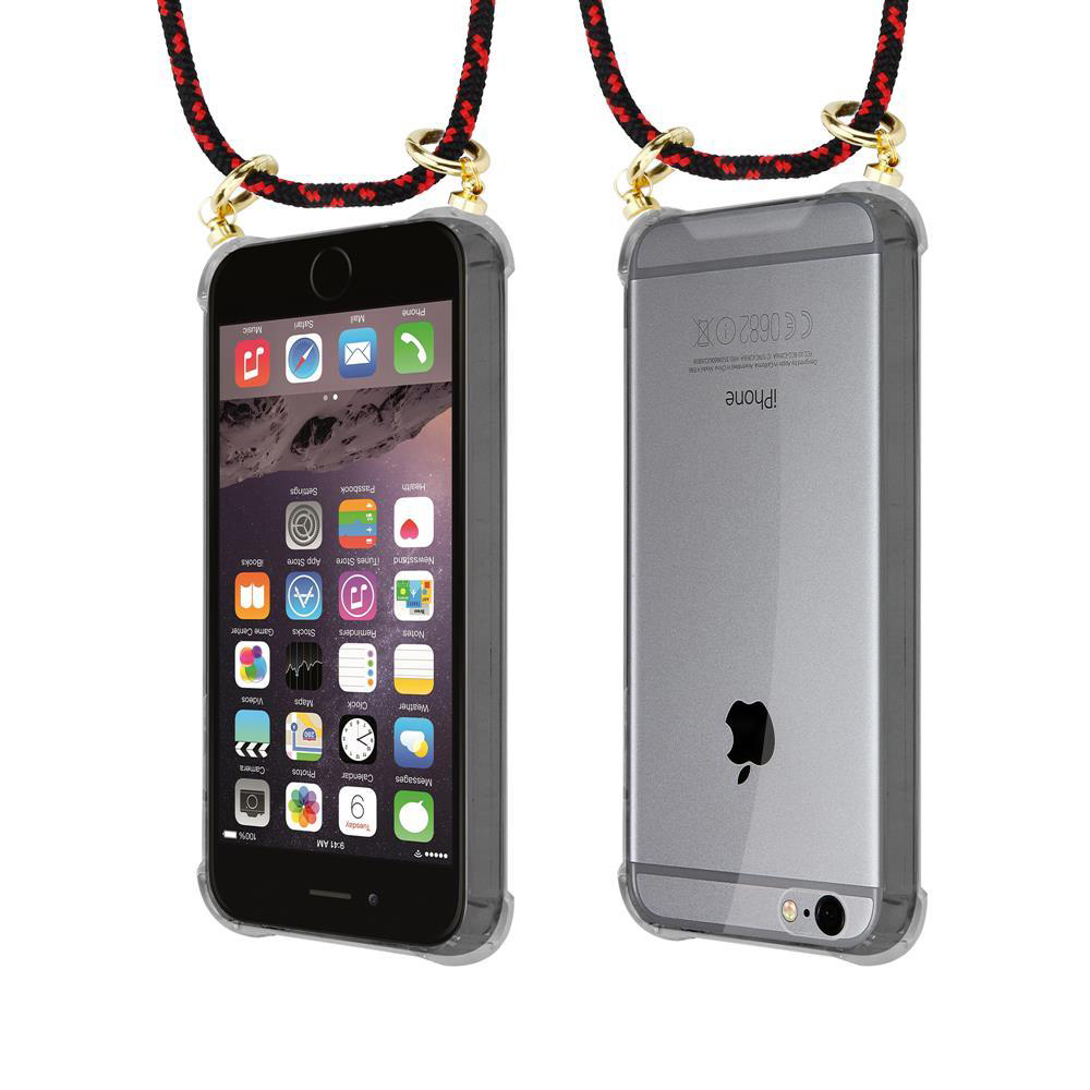 Un iPhone 6 argentato in custodia trasparente con laccetto rosso e nero.