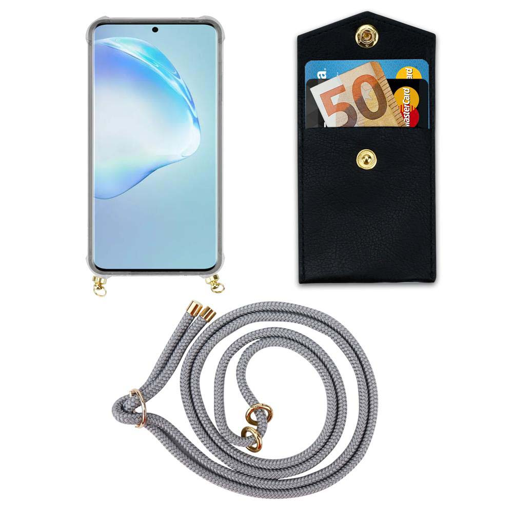 Uno smartphone in custodia, un portafoglio nero con carte/soldi e un cordino grigio.