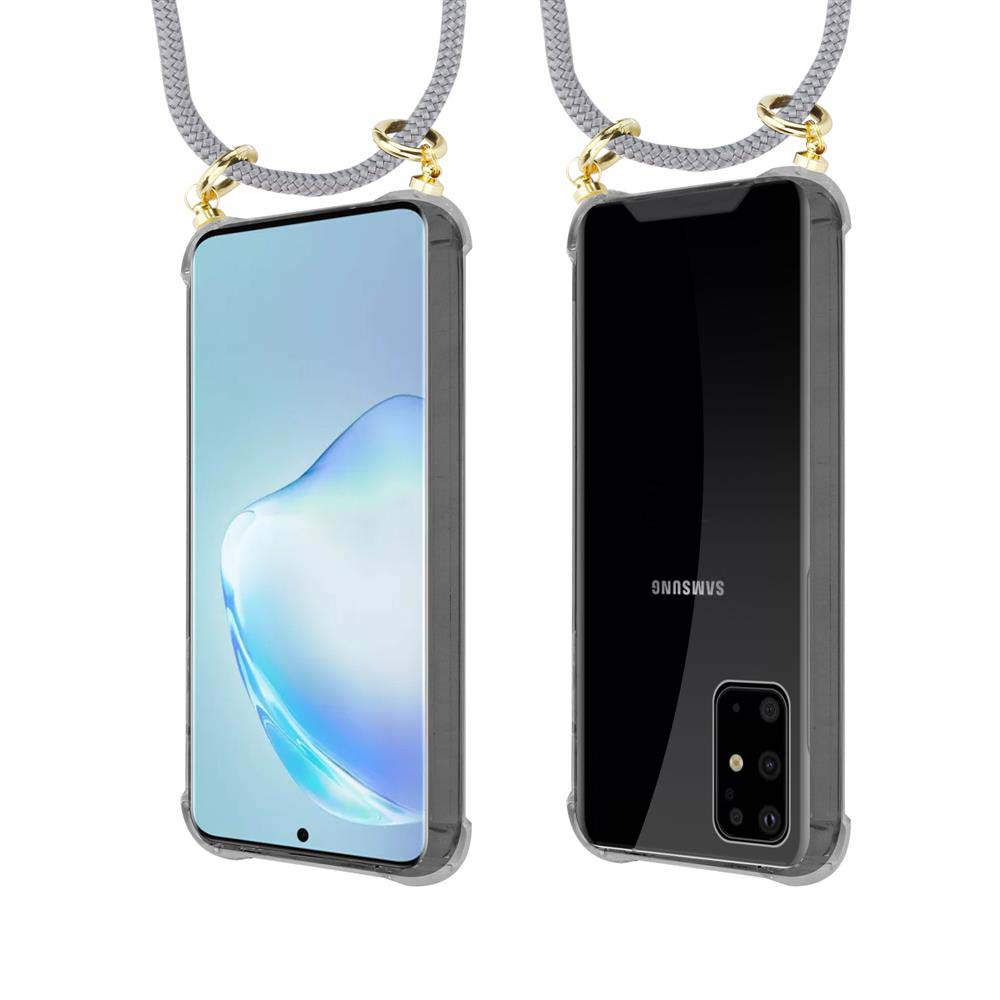 Telefono Samsung in custodia trasparente con laccetto, vista frontale e posteriore.