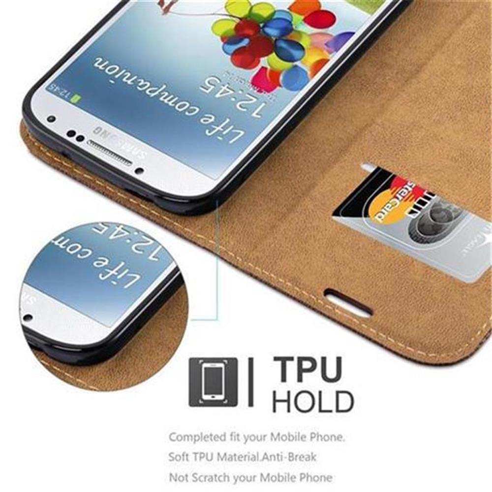 Braune Handyhülle mit Kartenfach und Samsung-Telefon.