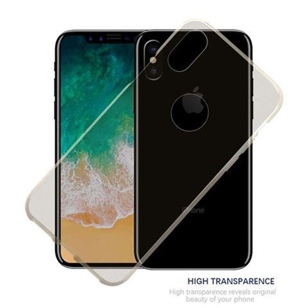 Una cover trasparente è mostrata su un iPhone nero con logo Apple.