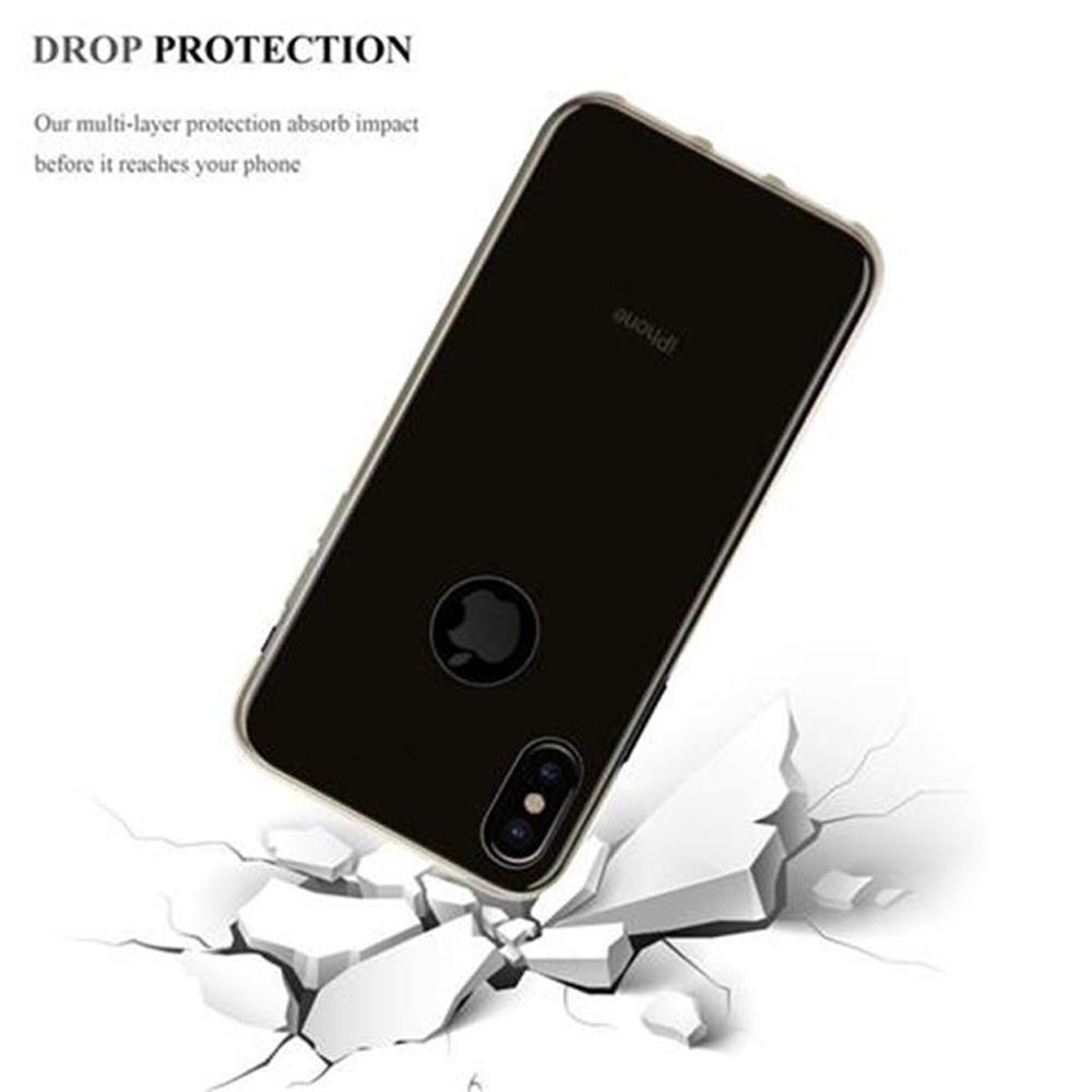 Un iPhone nero con custodia cade su un terreno crepato.