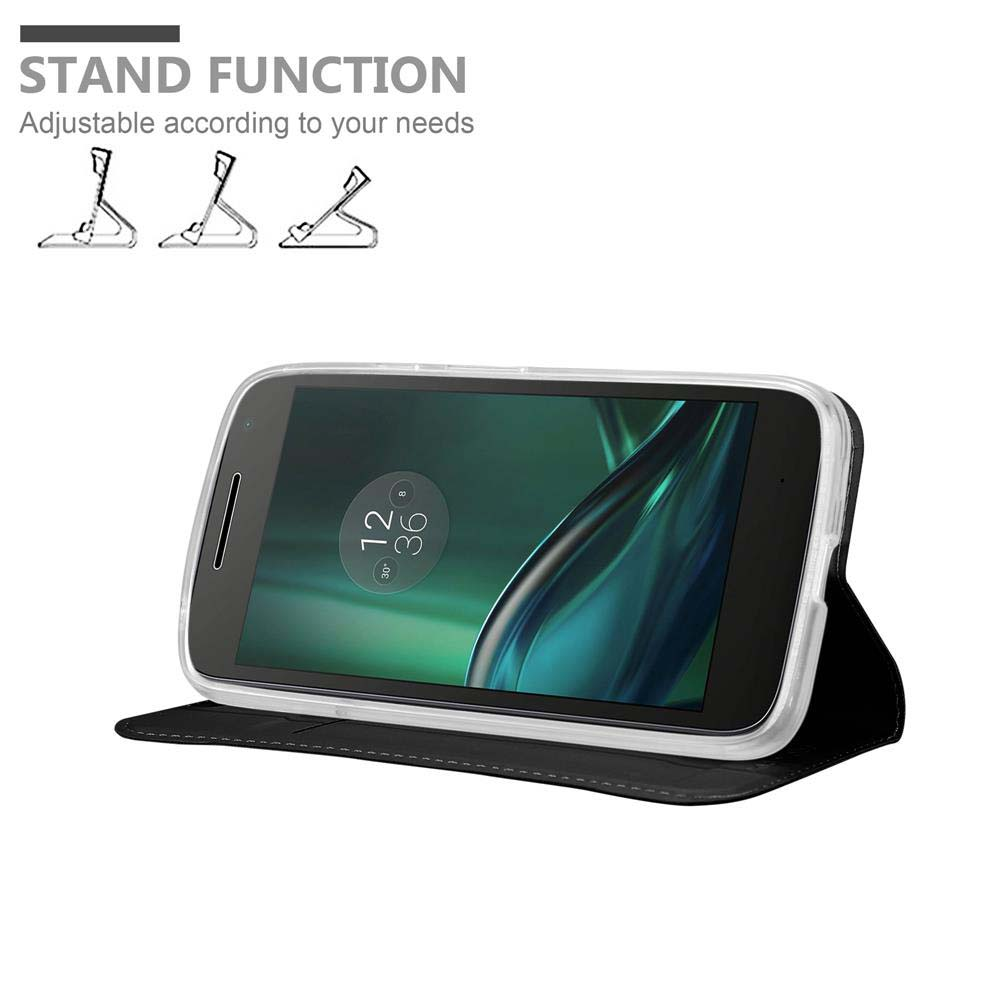 Un telefono nero in una custodia con funzione stand. Il display mostra l'ora.