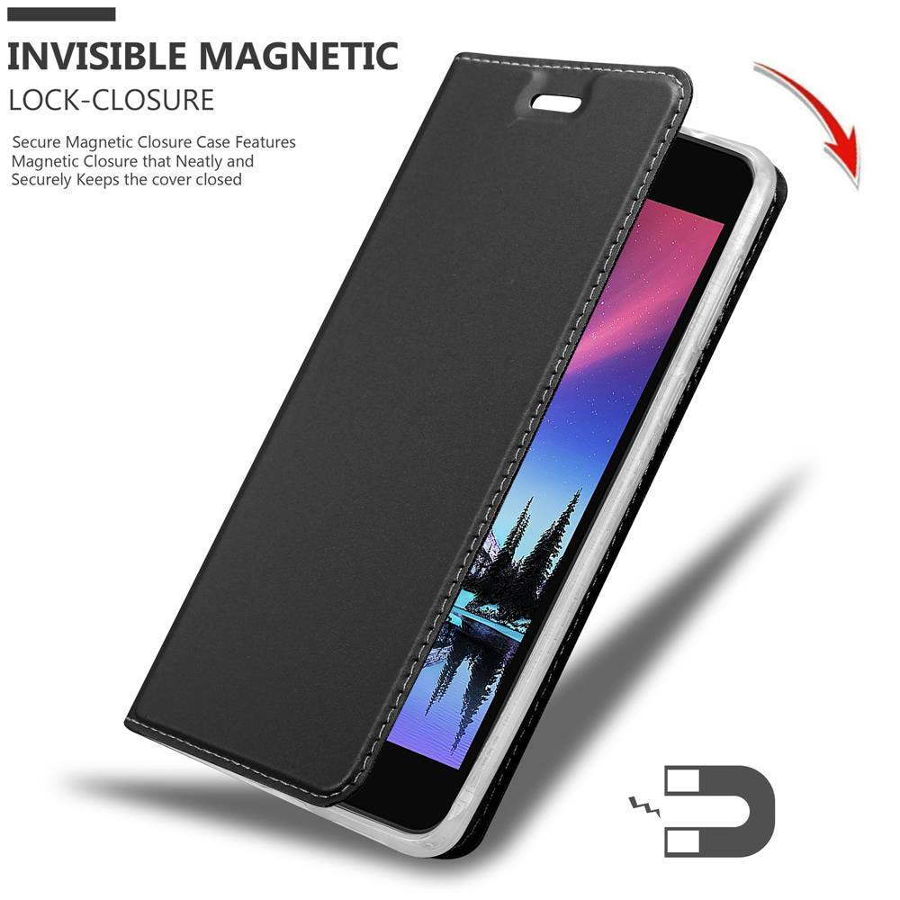 Custodia nera per telefono con chiusura magnetica, mostra un telefono all'interno.