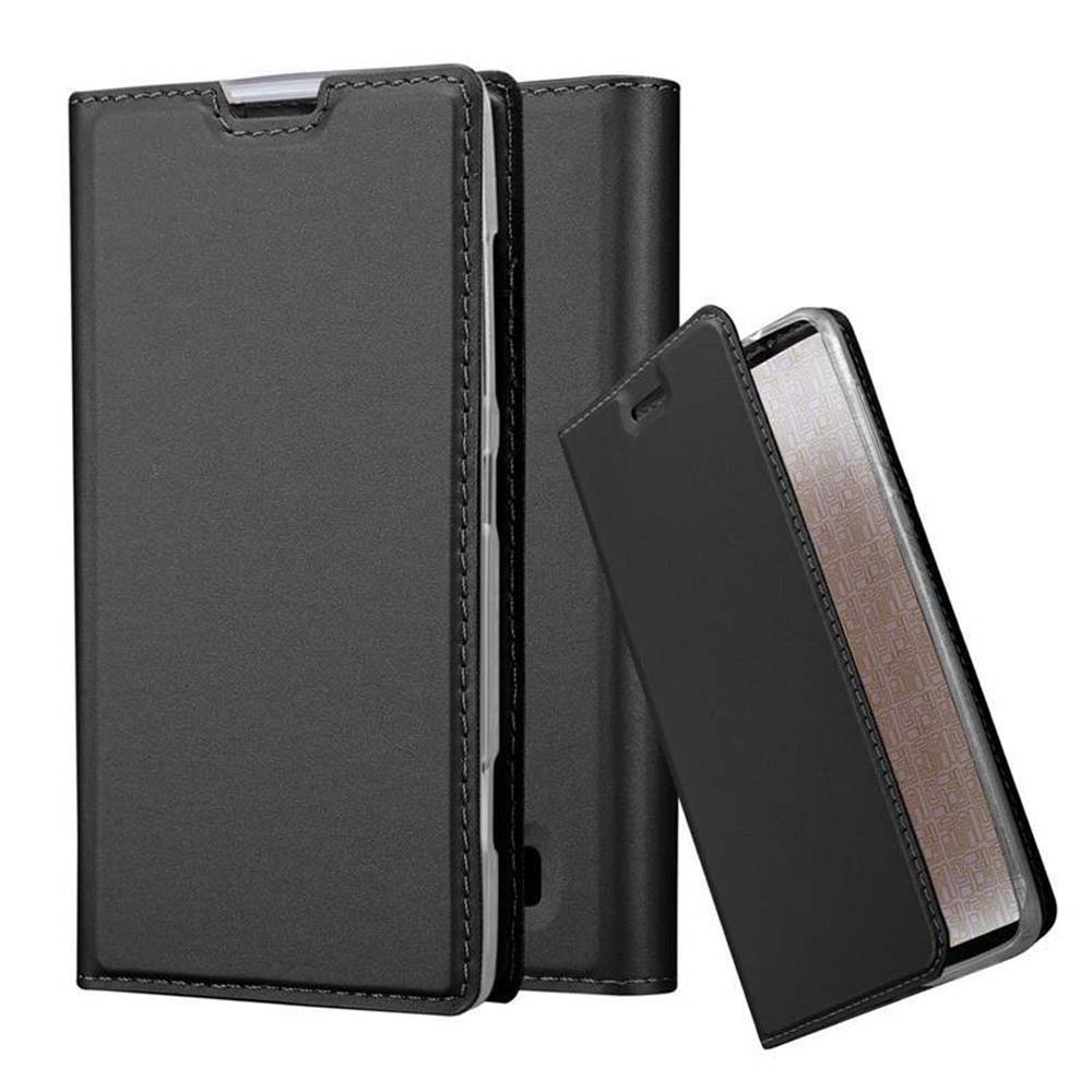 Dos fundas negras para teléfono, una abierta y otra cerrada.