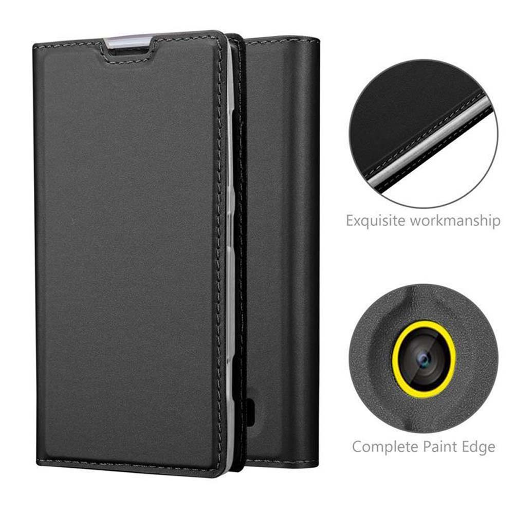 Funda de teléfono de cuero negro con primeros planos de costuras y recorte de cámara.