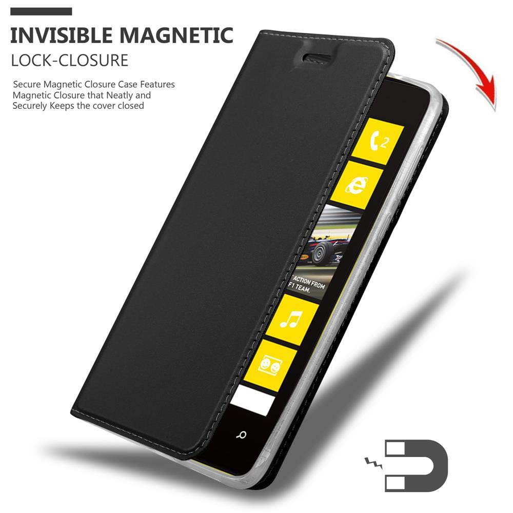 Funda negra para teléfono con cierre magnético y tapa abatible. Muestra acción F1 e iconos de apps.