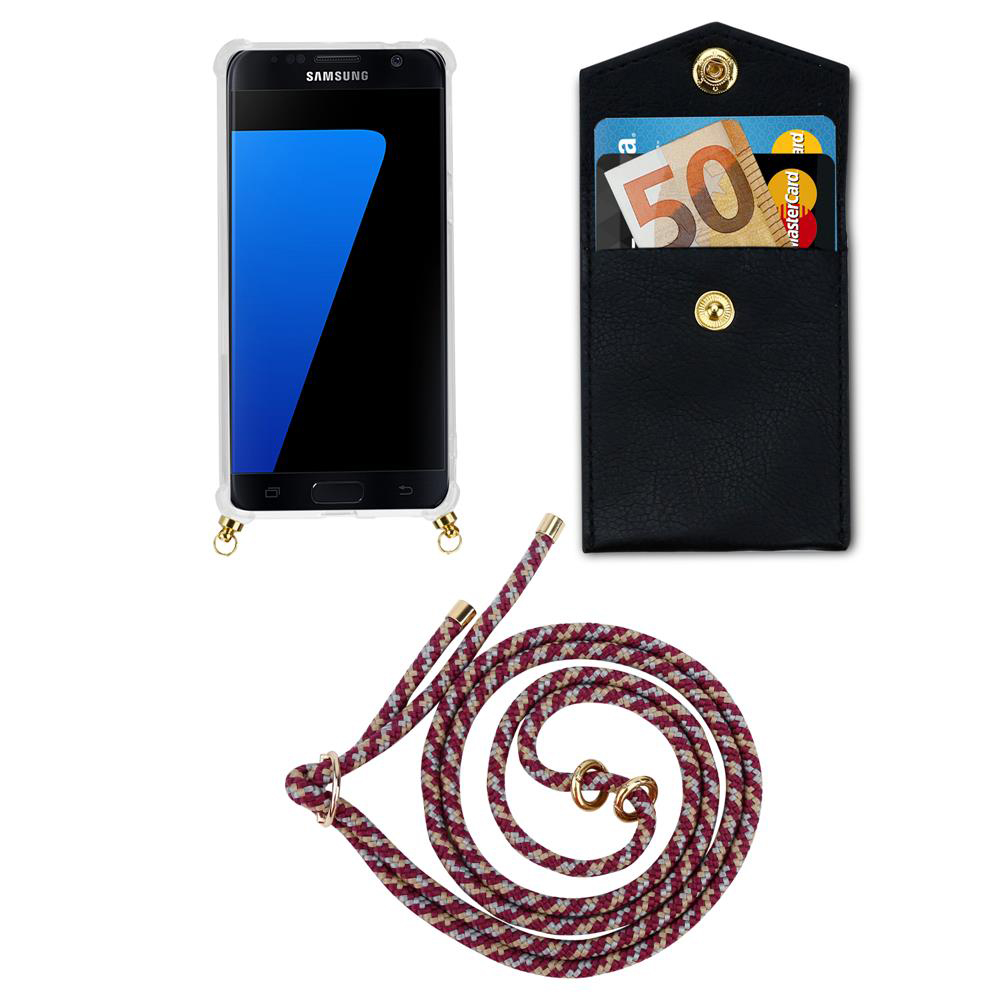 Telefono Samsung con custodia, tasca nera con soldi e carte, e un cordino.