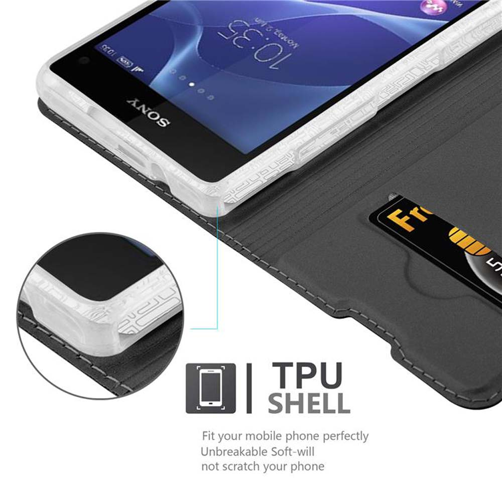 Sony Smartphone in einer schwarzen Hülle mit Kartensteckplatz. Zeit: 10:35.