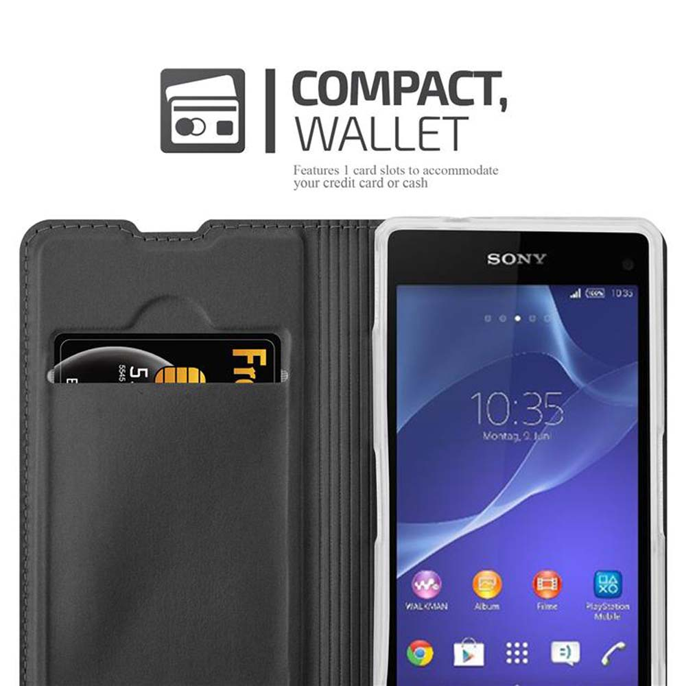 Sony Smartphone in einer schwarzen Hülle mit Kartenfach und angezeigter Uhrzeit.