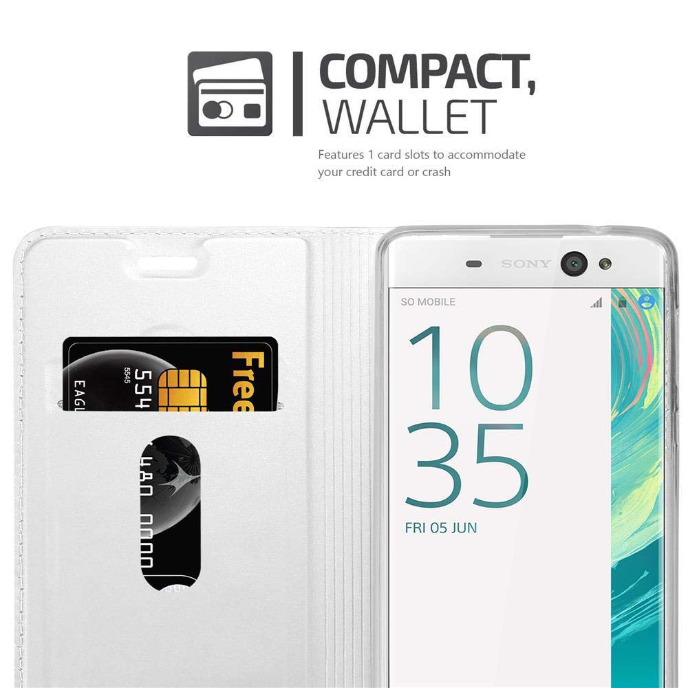 Uno smartphone in una custodia a portafoglio bianca che mostra le 10:35 e slot per carte.