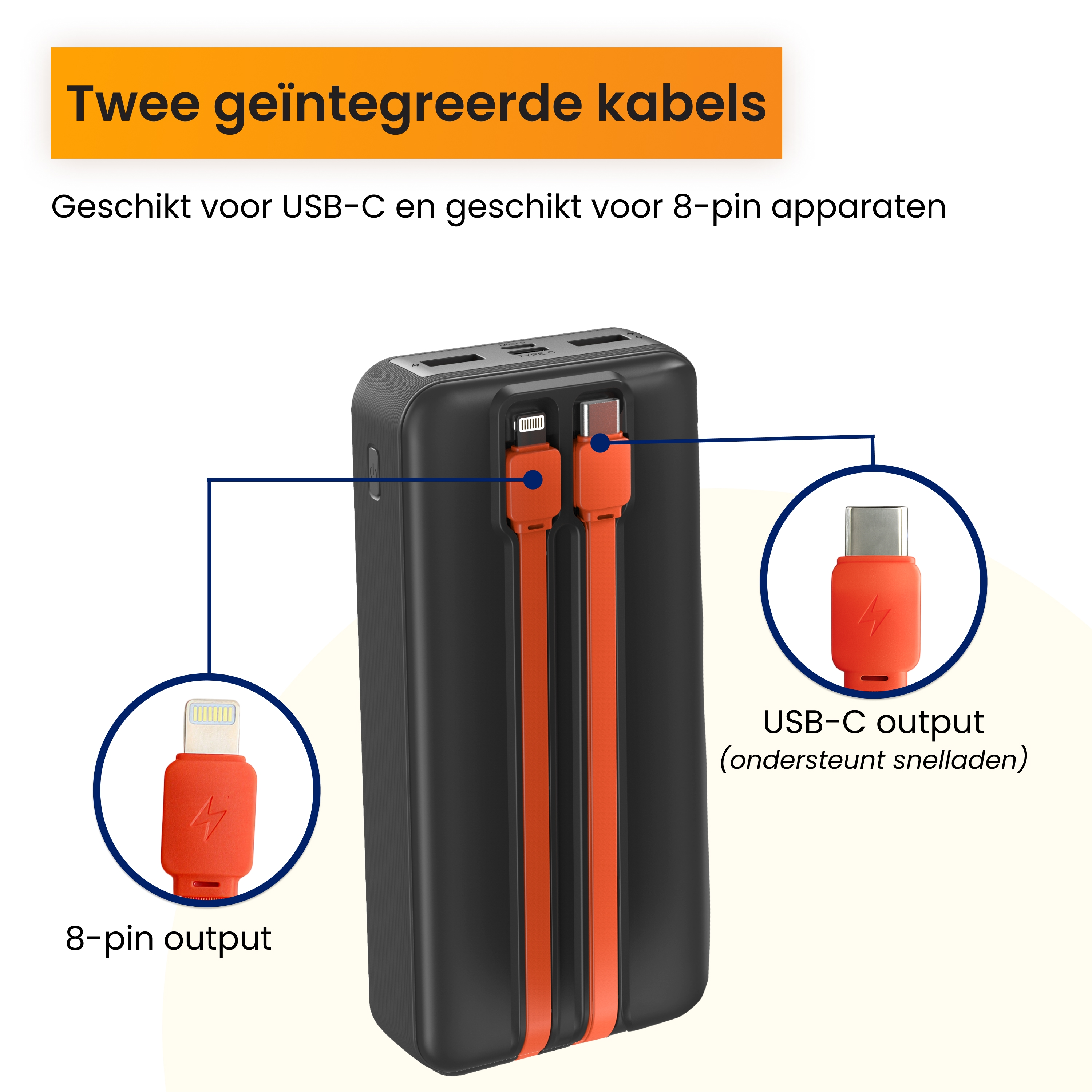 Schwarzes Ladegerät mit zwei integrierten orangen Kabeln: 8-Pin und USB-C.