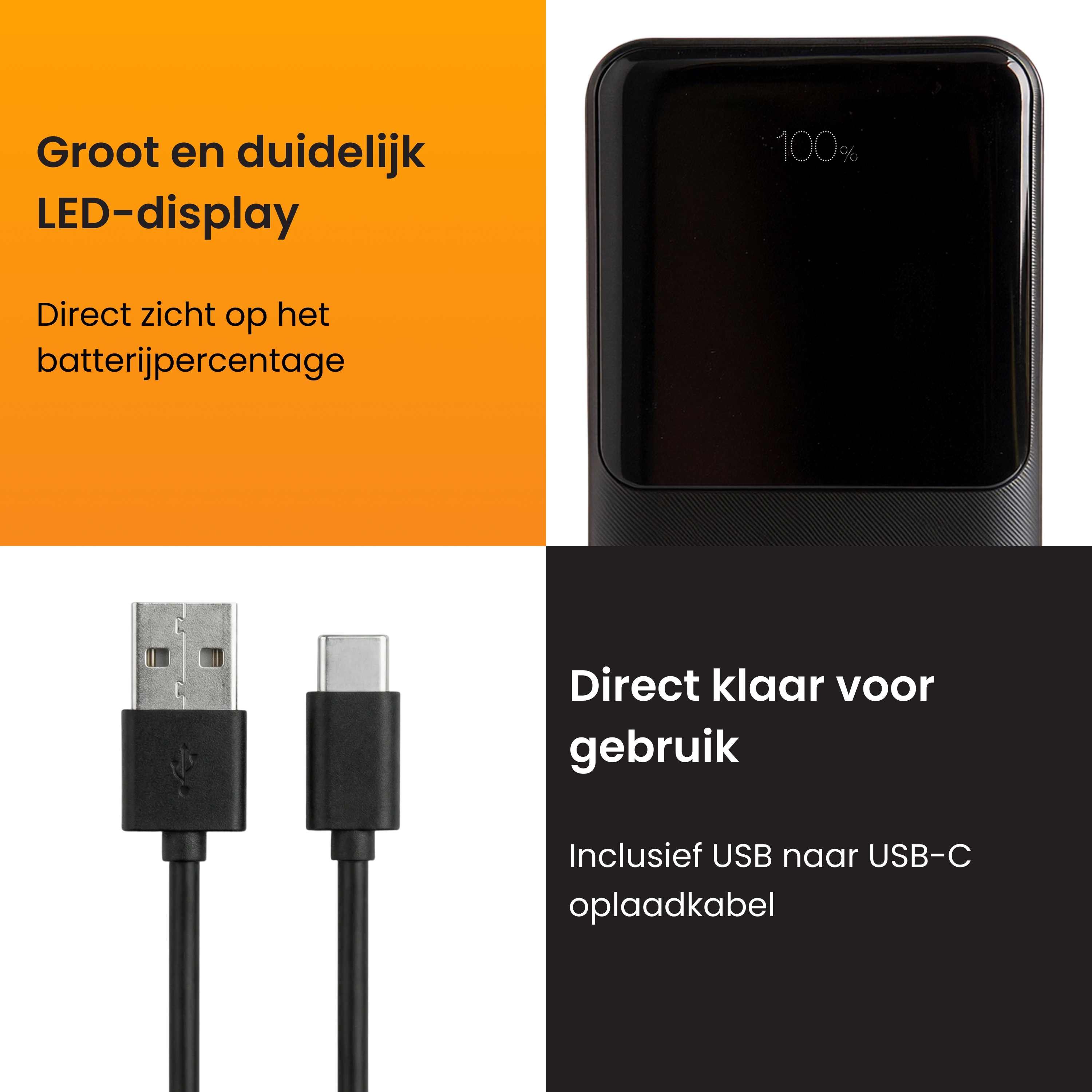 Batterie externe noire avec grand écran LED à 100% et câble USB-C.