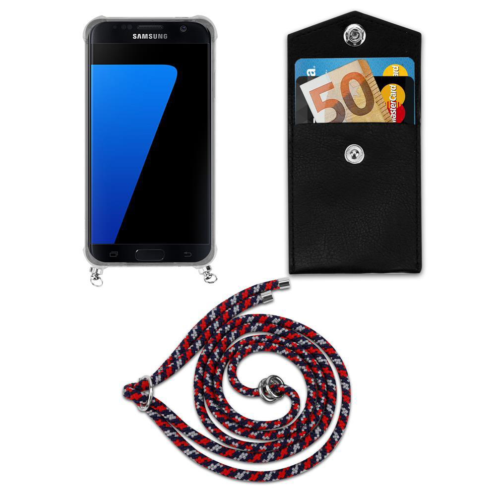 Uno smartphone Samsung, un portafoglio nero con 50 euro e una carta, e un cordino.