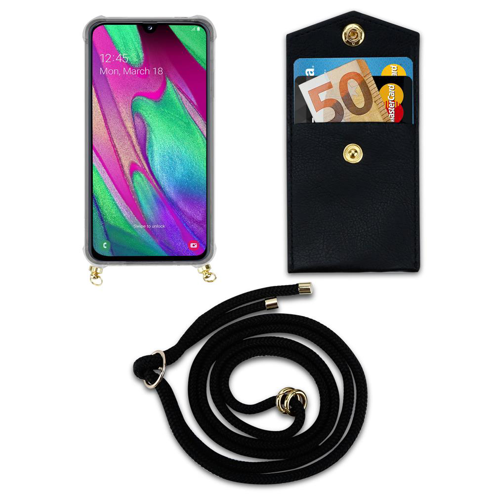 Smartphone con custodia, portafoglio nero con carte e soldi, cordino nero