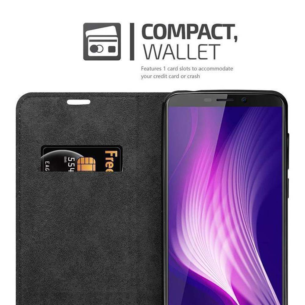 Schwarze Brieftaschenhülle mit Telefon und Kartenschlitz mit 'Free' und Kartennummer.