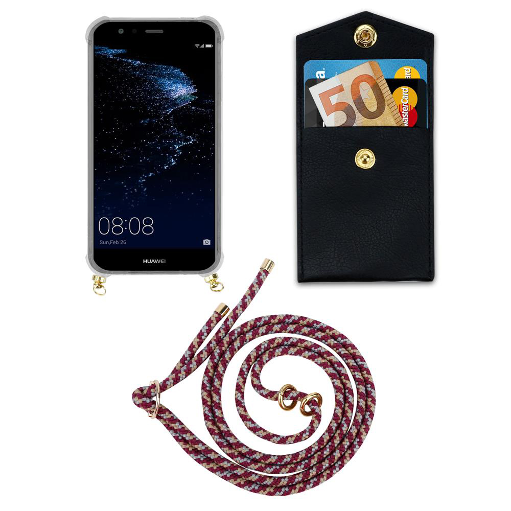 Smartphone con custodia, portafoglio con soldi e carte, e un cordino.