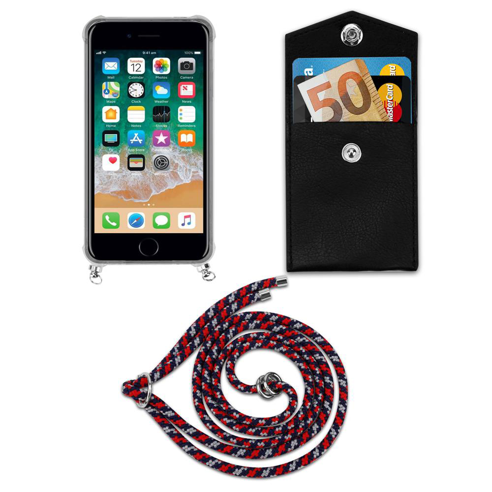 Uno smartphone con custodia, una tasca nera con soldi e carte e un cordoncino.