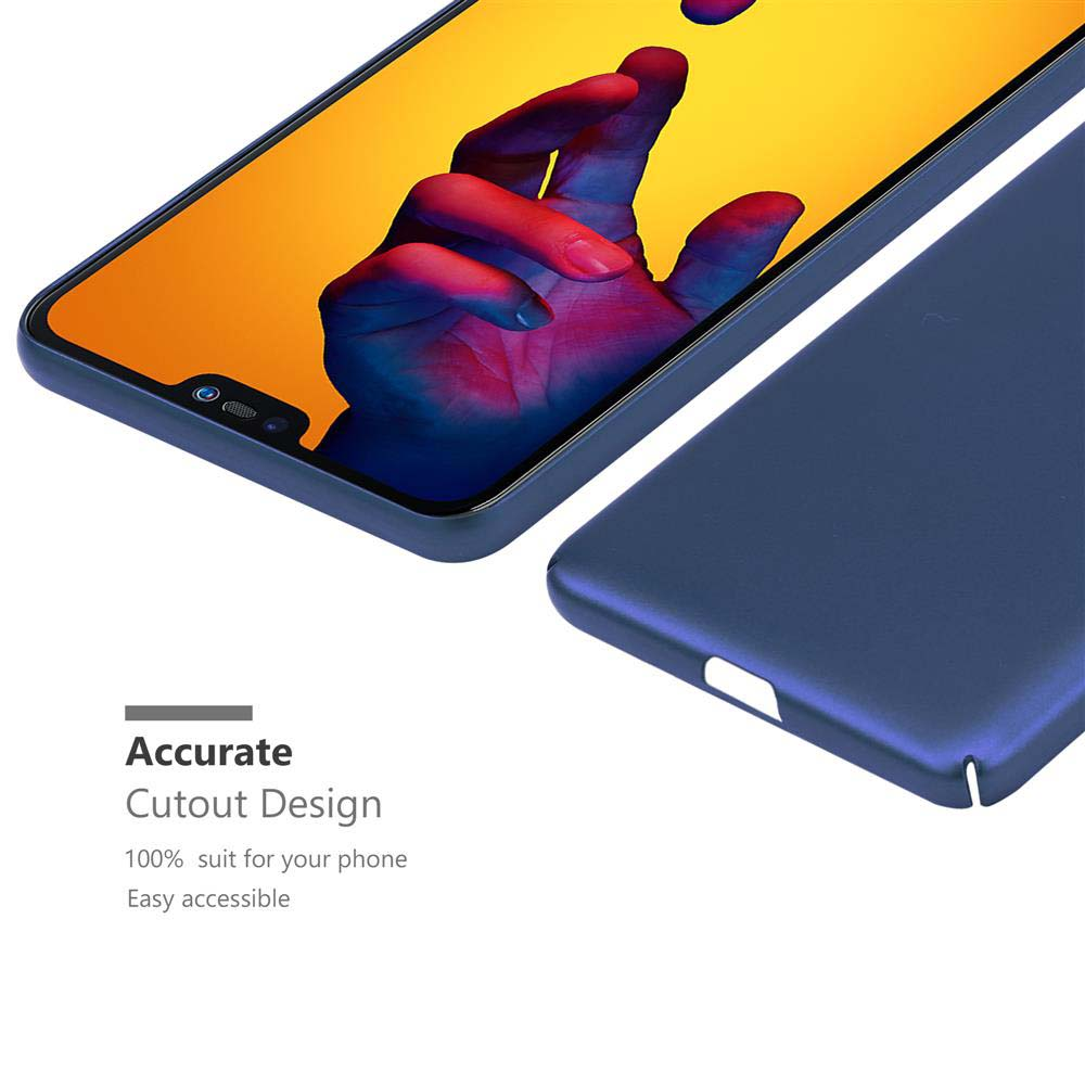 Una custodia blu per telefono accanto a uno smartphone con sfondo arancione.