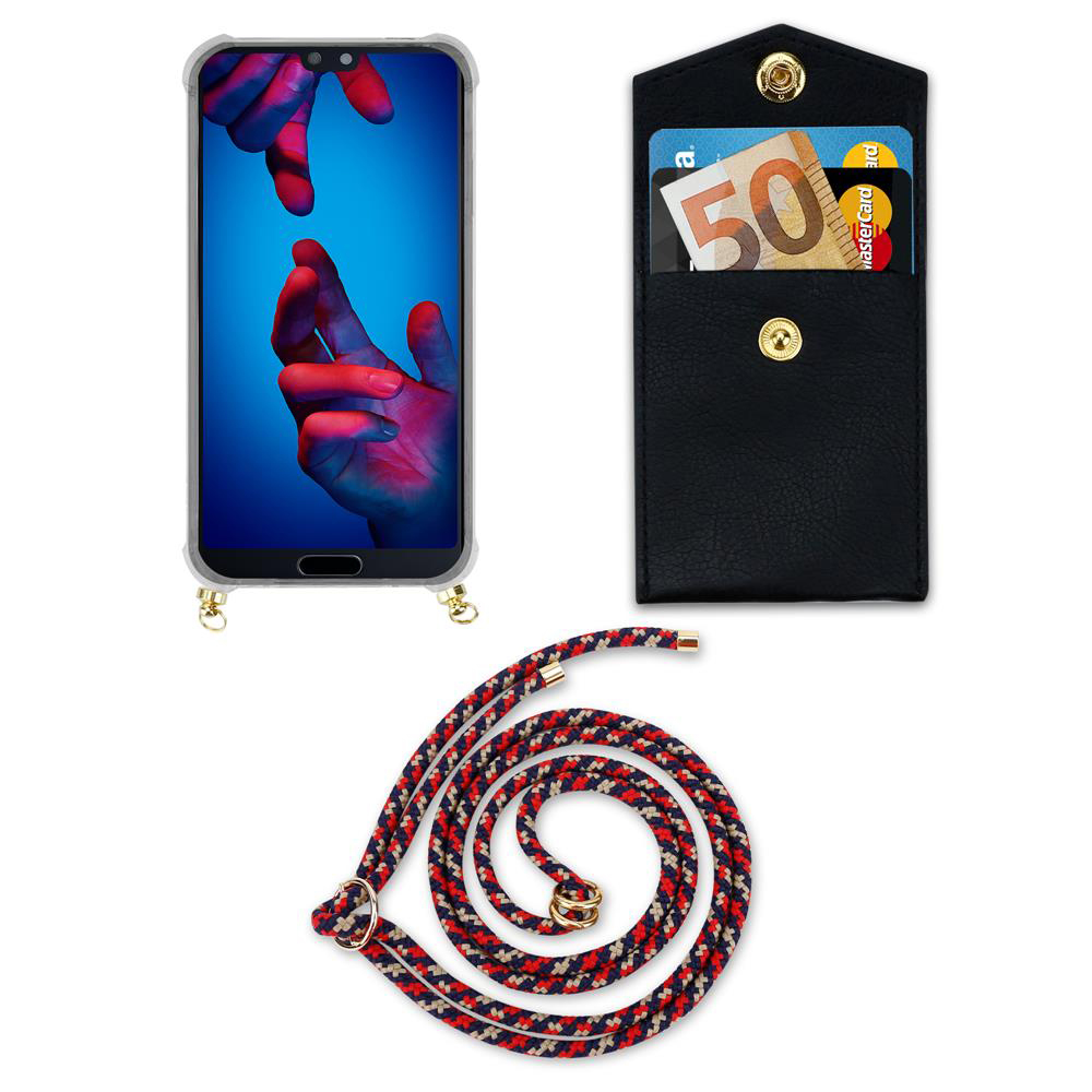 Smartphone con custodia, portafoglio con soldi e carte, e cordino.