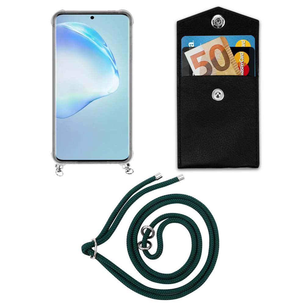 Smartphone con custodia, portafoglio con 50€ e carta, corda verde.