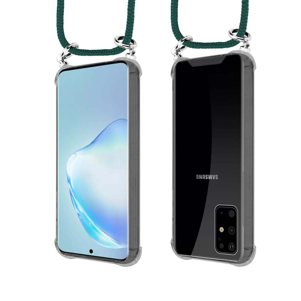 Uno smartphone in custodia trasparente con laccetto verde.