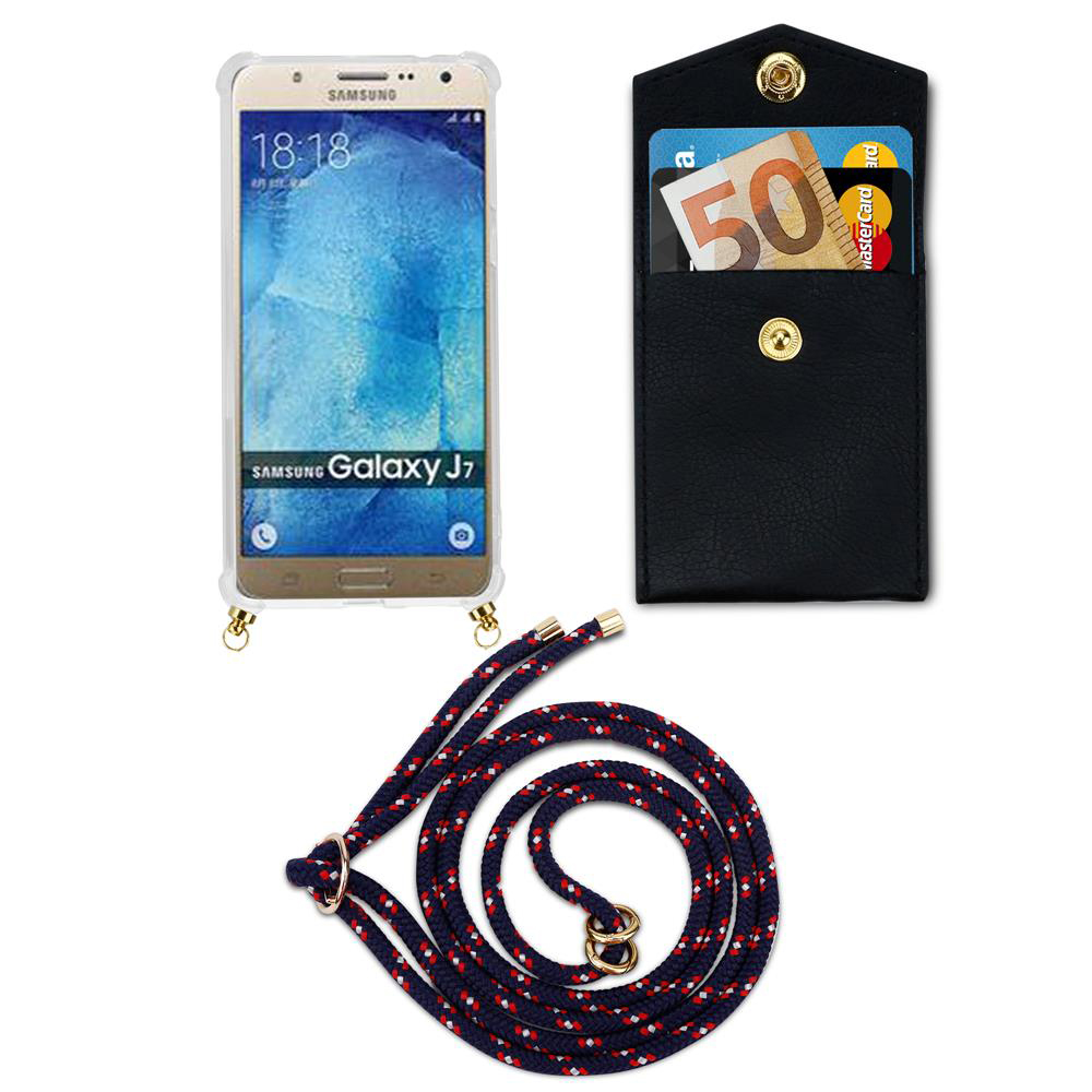 Telefono Samsung Galaxy J7 con custodia, portafoglio e cordino.