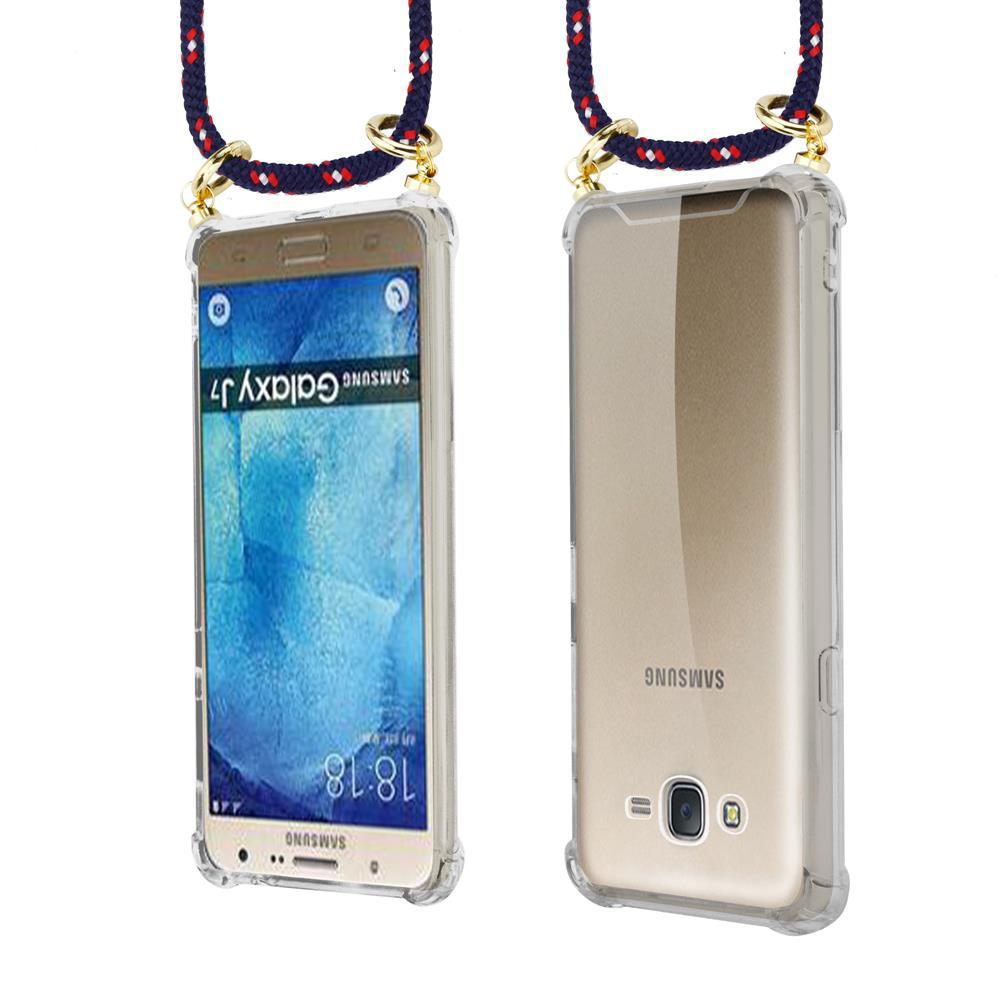 Due telefoni Samsung Galaxy J7 in custodie trasparenti con cordini.