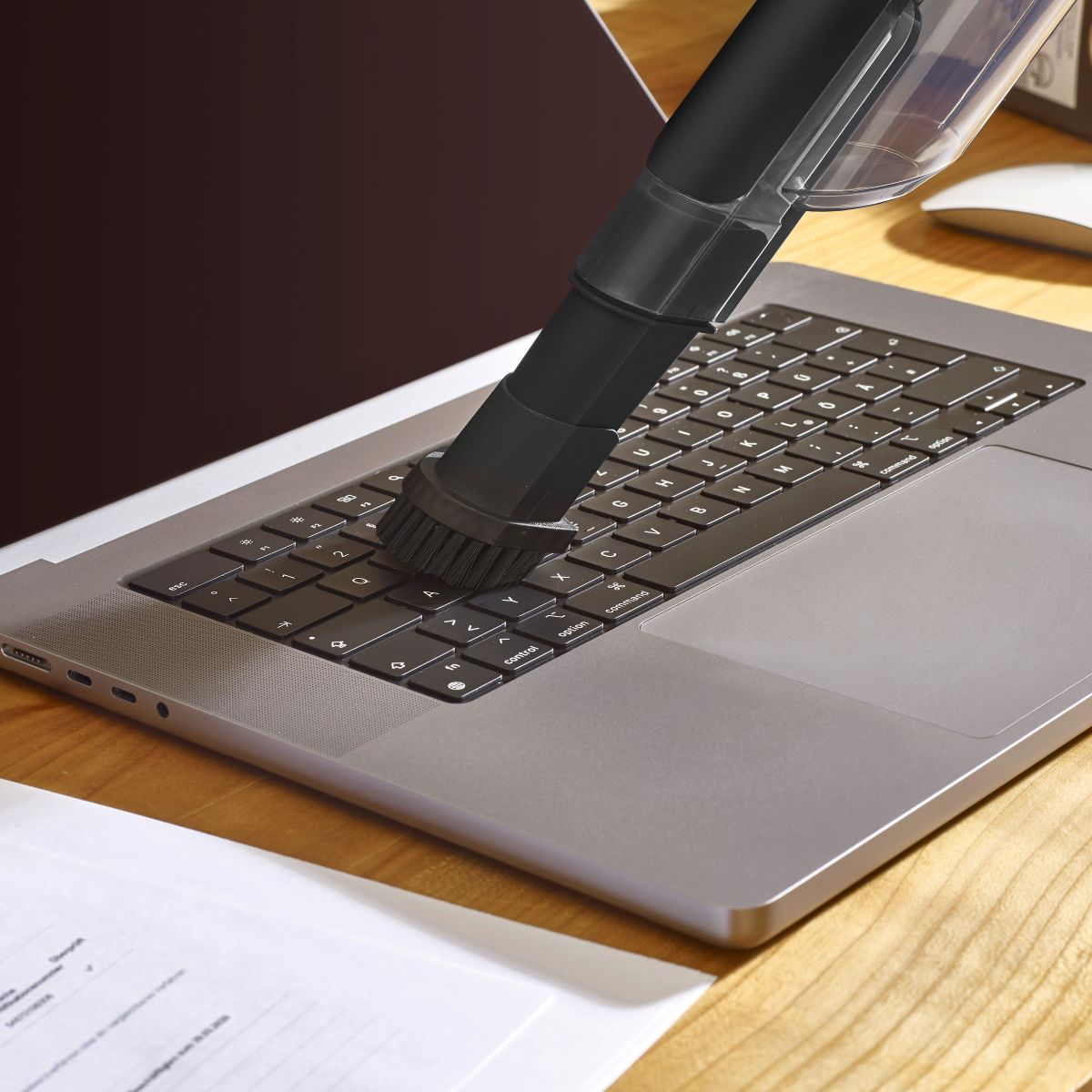 Un petit aspirateur nettoie le clavier d'un ordinateur portable sur un bureau en bois.