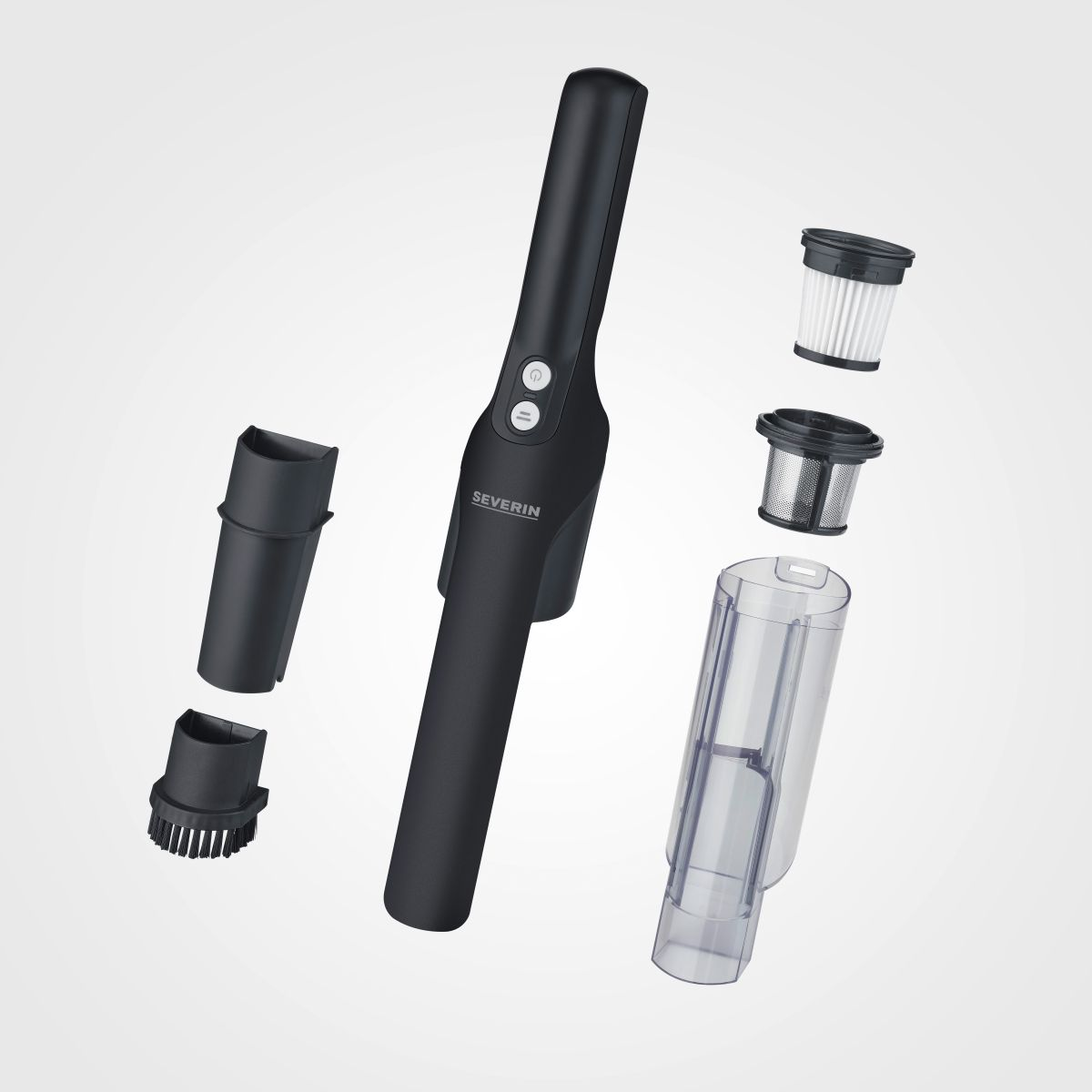 Aspirateur à main noir avec accessoires : suceur, filtre et réservoir.