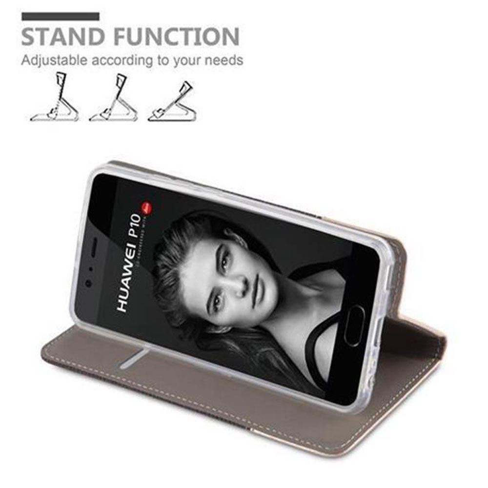 Braun-graues Flipcase für Huawei P10 mit Standfunktion, zeigt Frauengesicht.
