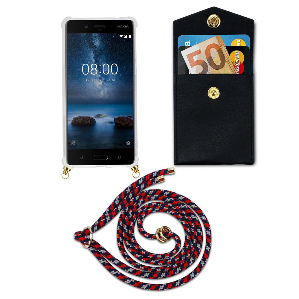 Ein Smartphone in einer Hülle, daneben eine schwarze Tasche mit Geld und Karten.