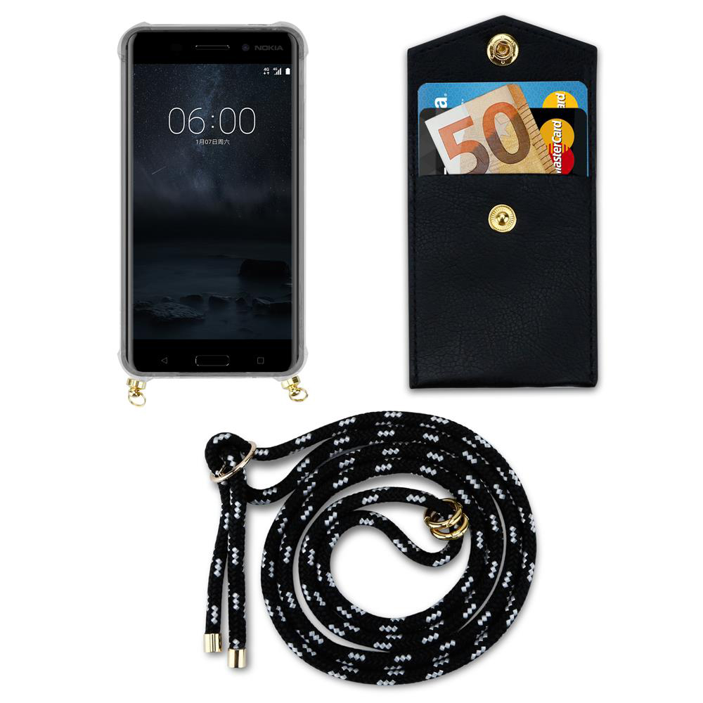 Schwarze Handyhülle mit Kordel, Portemonnaie mit Euro und Karten, Nokia-Smartphone.