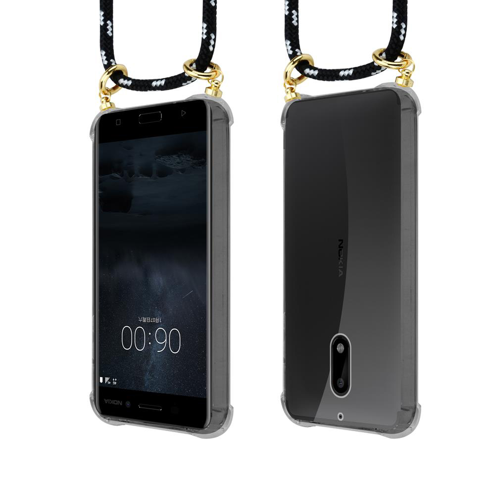Zwei schwarze Nokia-Handys mit Lanyards hängen vor weißem Hintergrund.