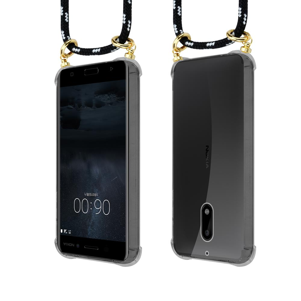 Zwei schwarze Hüllen für Smartphones mit einem Band, die an einer Schnur hängen.