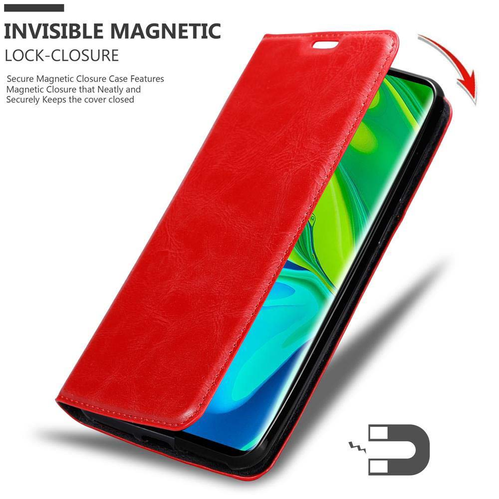 Custodia rossa per telefono con chiusura magnetica, che protegge uno smartphone.