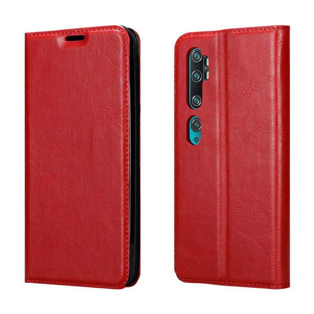 Custodia a libro rossa per telefono con ritaglio fotocamera, su sfondo bianco.