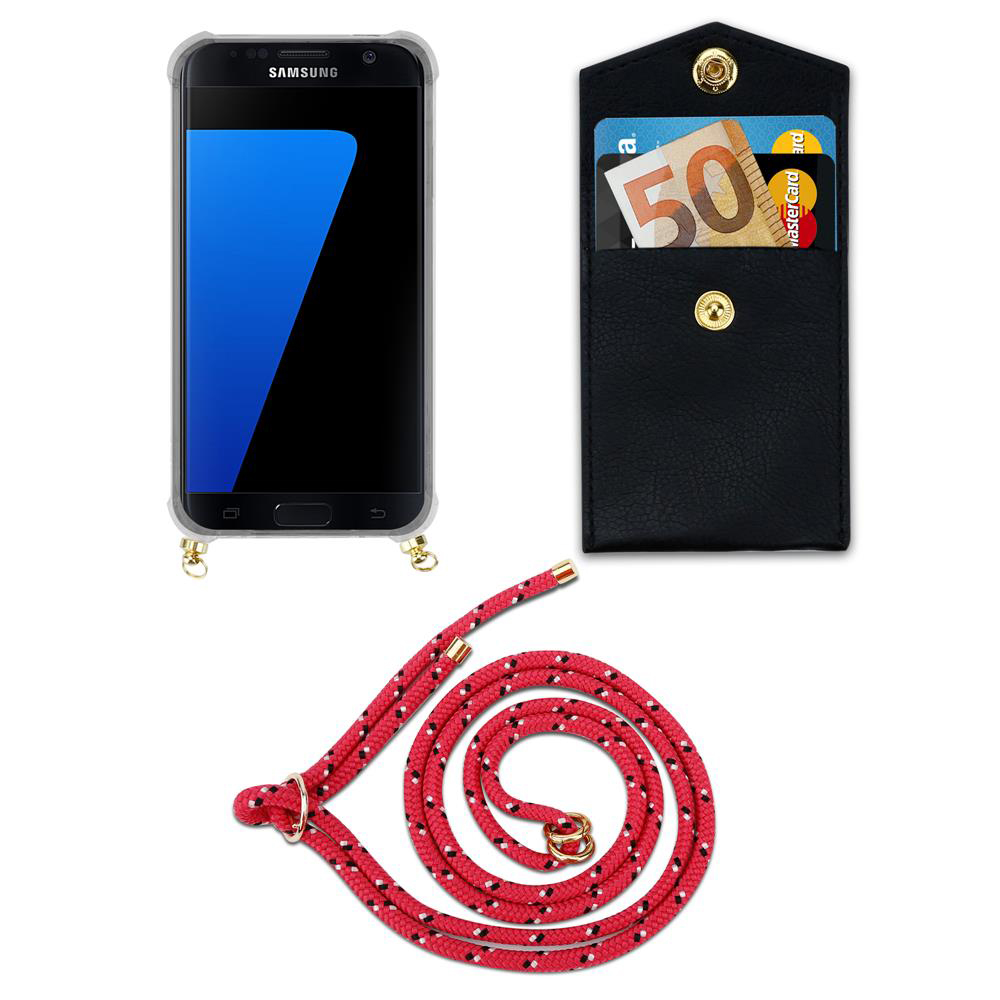 Uno smartphone in custodia trasparente, portafoglio nero con carte e cordino rosso.