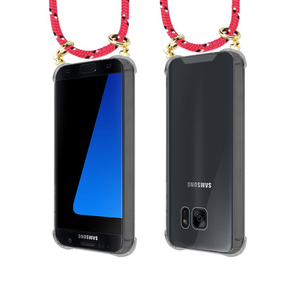 Due telefoni Samsung in custodie trasparenti con cordini rossi.